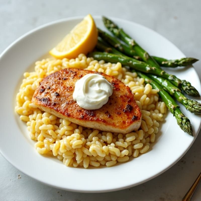 Pan-Seared Chicken with Creamy Lemon Orzo and Roasted Asparagus