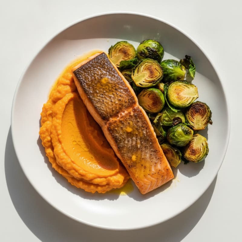 Seared Salmon Fillet with Roasted Brussels Sprouts and Sweet Potato Mash