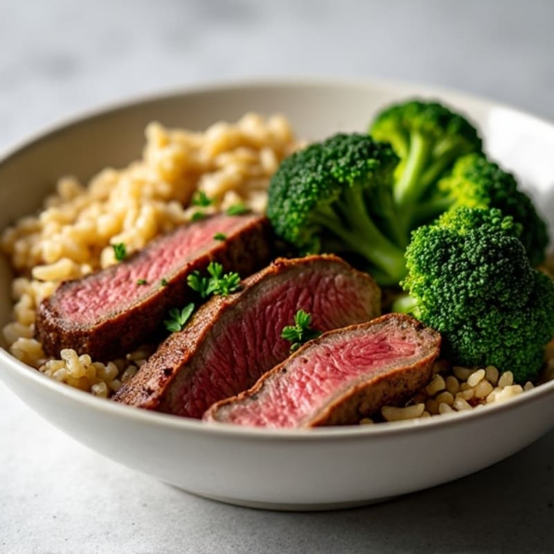 Seared Beef Strips with Garlic Broccoli and Brown Rice