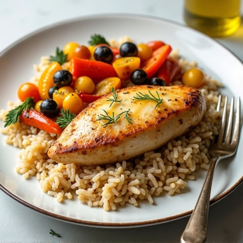 Garlic Roasted Chicken with Brown Rice and Roasted Vegetables