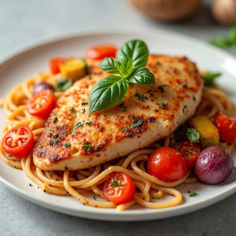 Chicken Spaghetti with Fresh Herb Tomato Sauce and Roasted Vegetables