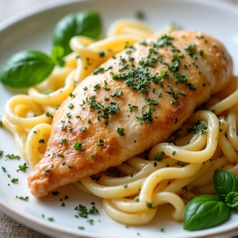 Creamy Herb-Roasted Chicken with Lemon Garlic Pasta