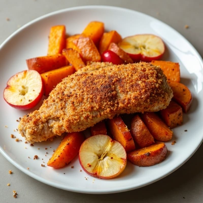 Crispy Baked Spiced Chicken with Roasted Sweet Potatoes and Tender Apples
