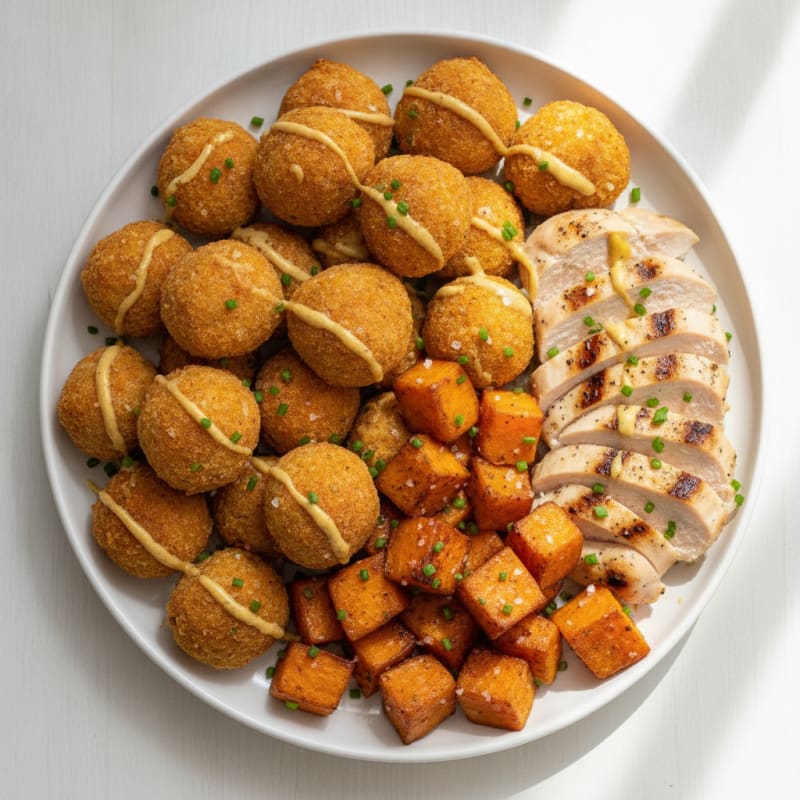 MorningStar Corn Dog Bites with Roasted Sweet Potatoes