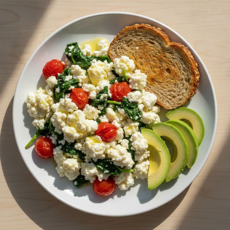 Egg White and Cottage Cheese Scramble with Spinach and Cherry Tomatoes