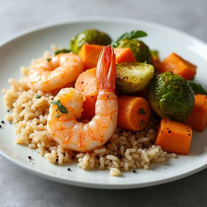 Pan-Seared Garlic Shrimp with Roasted Sweet Potatoes, Crispy Brussels ...