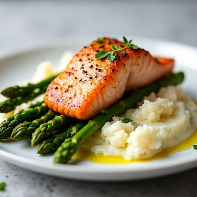 Seared Salmon with Steamed Asparagus and Cauliflower Mash