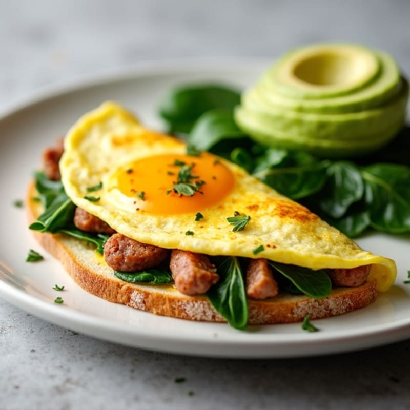 Egg White Omelet with Turkey Sausage and Sautéed Spinach
