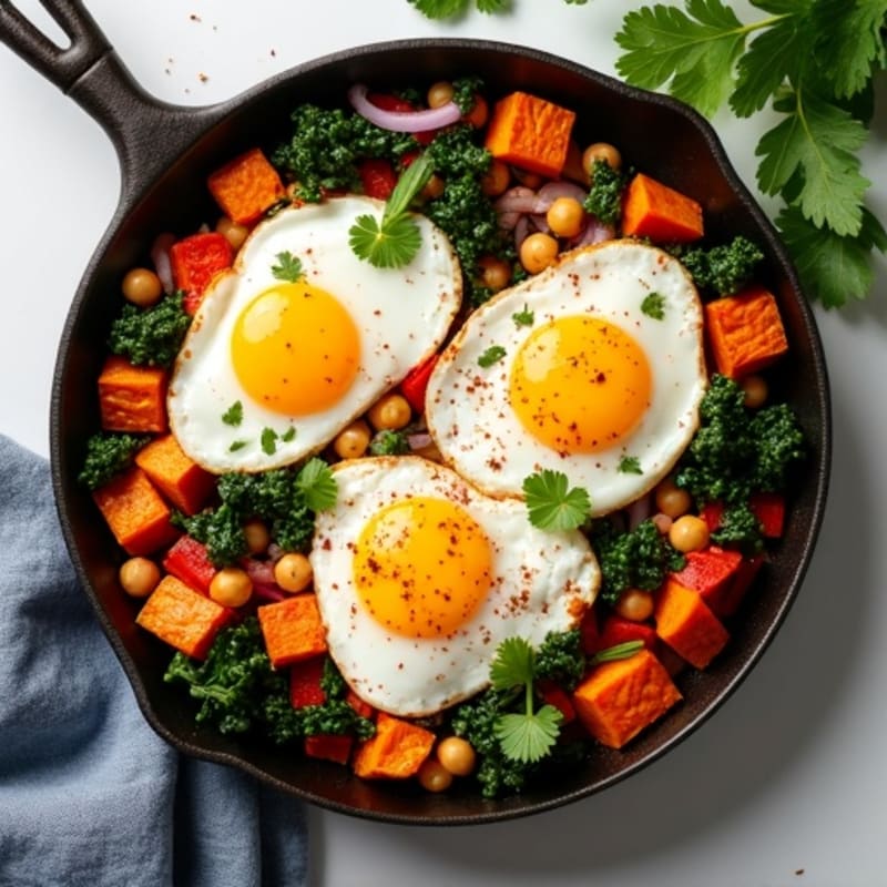 Sheet Pan Roasted Sweet Potato and Kale Hash with Eggs
