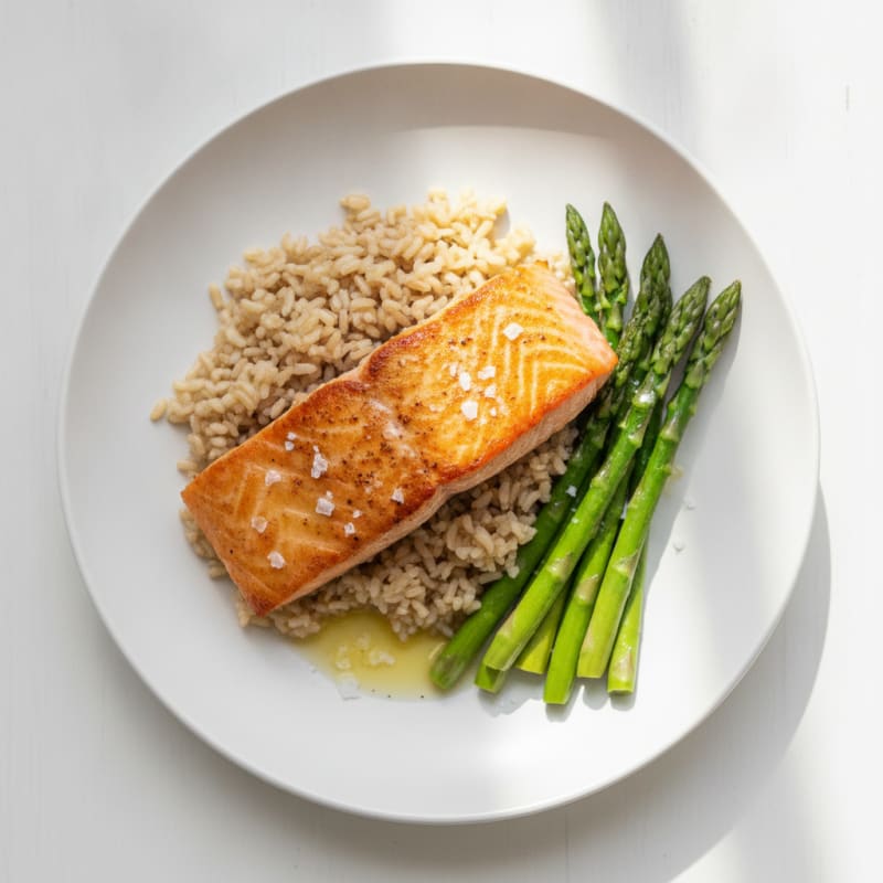 Seared Salmon with Steamed Asparagus and Brown Rice