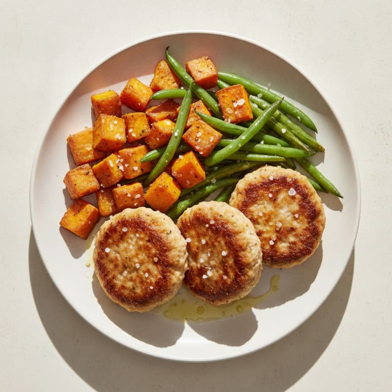 Pan-Seared Garlic Turkey Patties with Roasted Sweet Potato and Green Beans