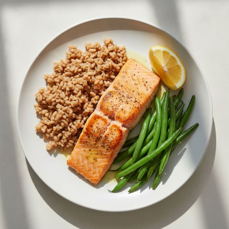 Seared Salmon with Steamed Green Beans and Brown Rice