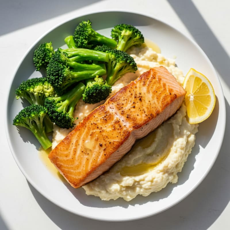 Seared Salmon with Steamed Broccoli and Garlic Cauliflower Mash