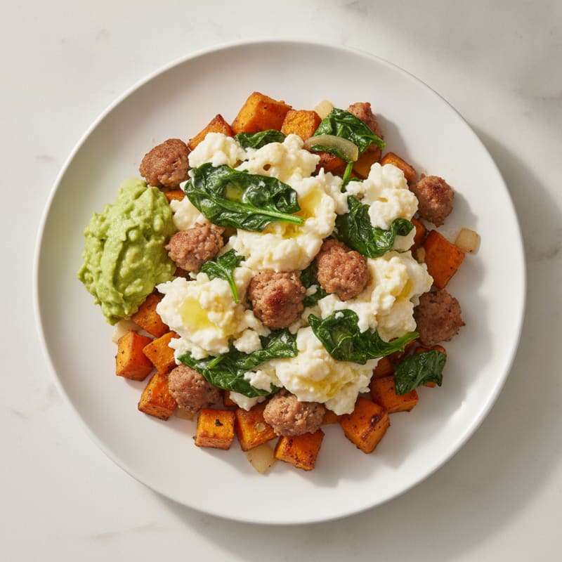 Egg White and Turkey Sausage Scramble with Spinach and Roasted Sweet Potato
