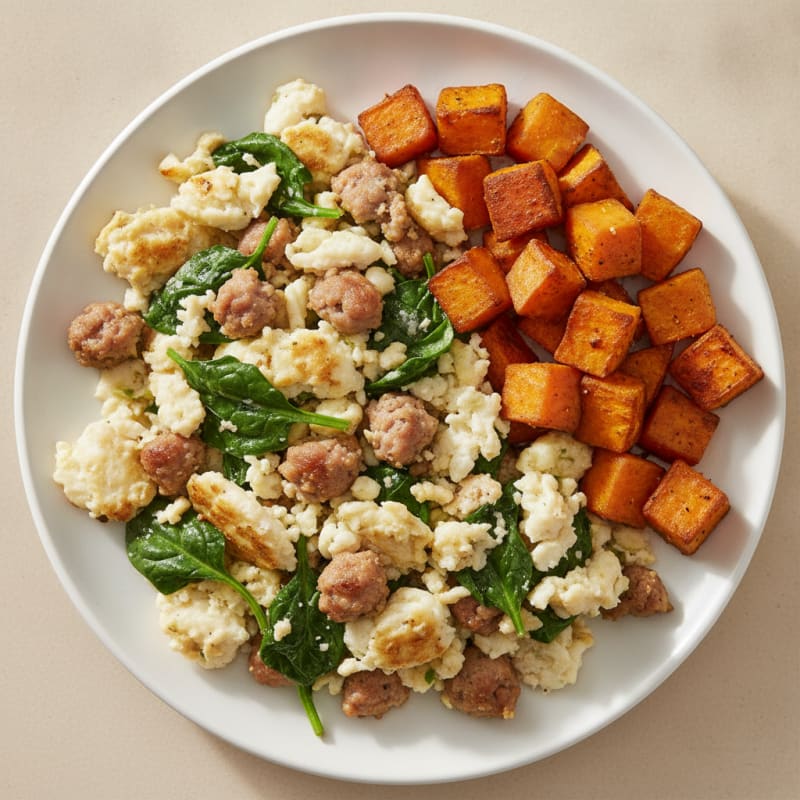Egg White and Turkey Sausage Scramble with Spinach and Roasted Sweet Potato