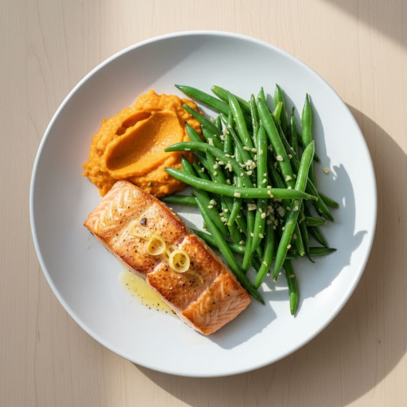 Seared Salmon with Garlic Green Beans and Sweet Potato Mash