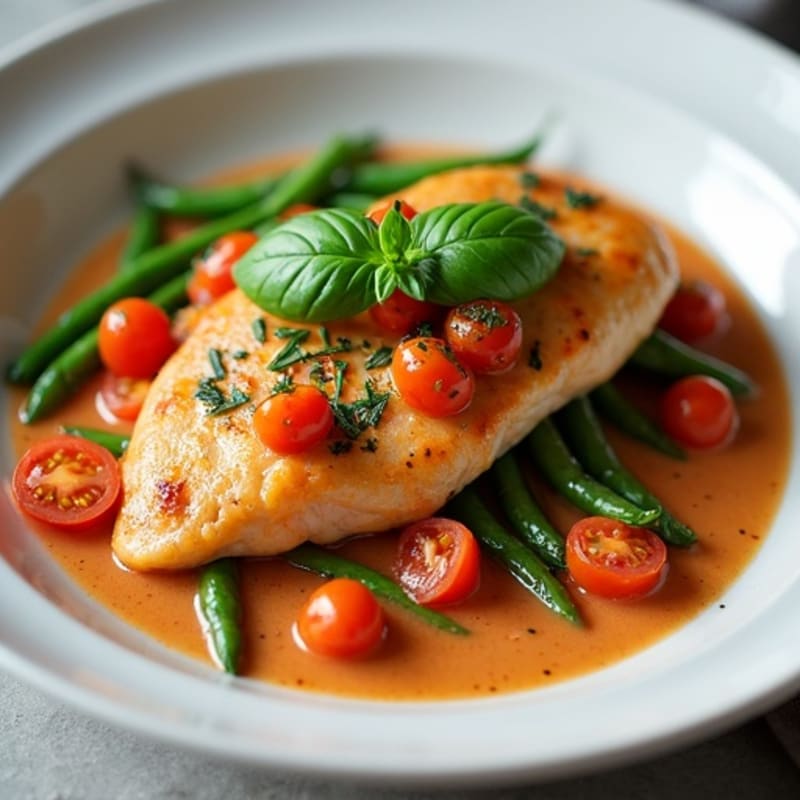 Creamy Tomato Chicken with Fresh Basil and Roasted Green Beans