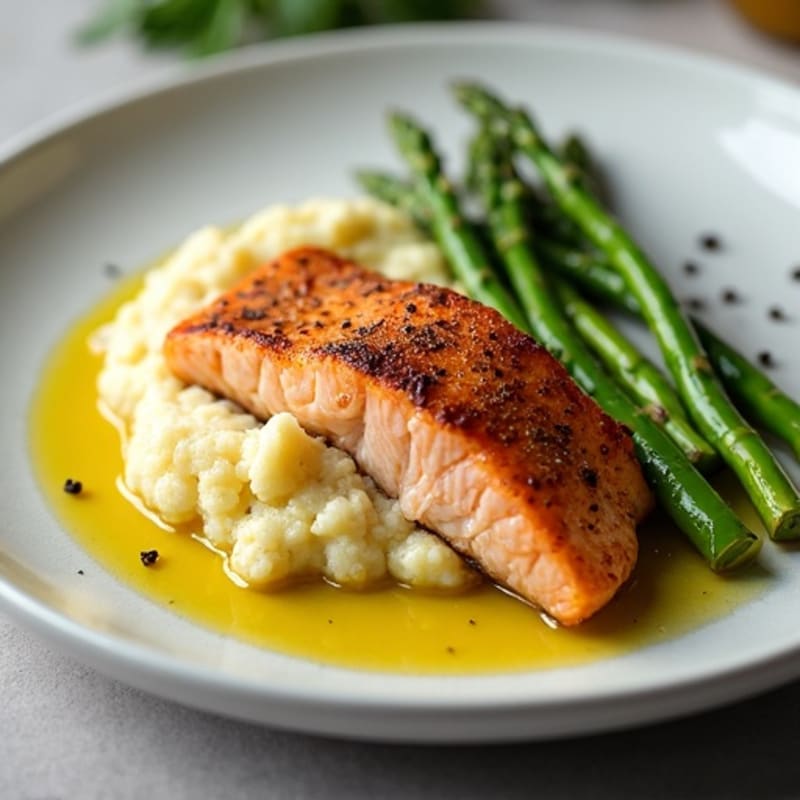 Seared Salmon with Roasted Asparagus and Cauliflower Mash