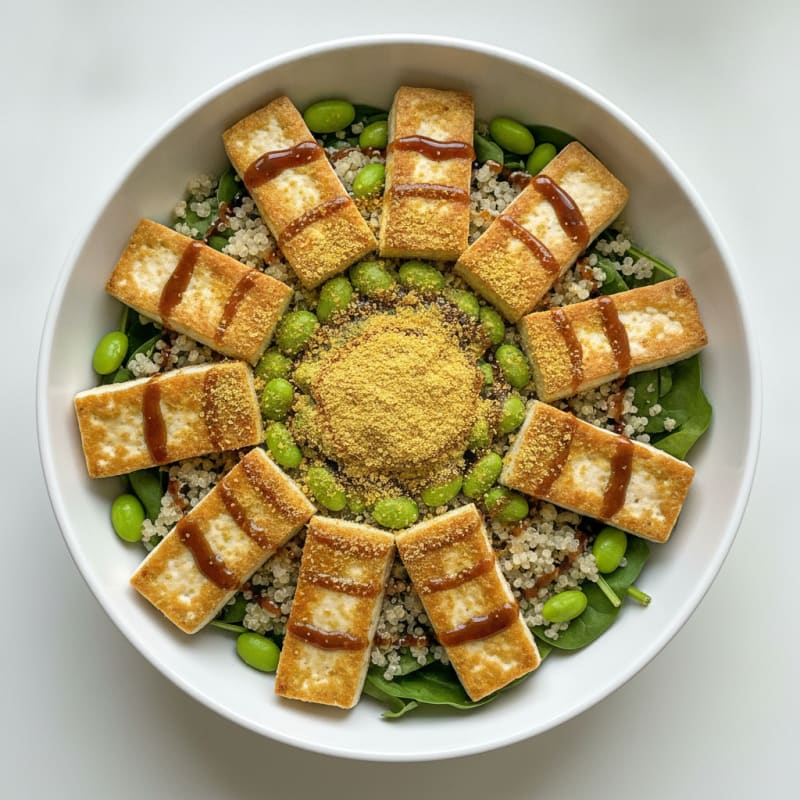 Crispy Tofu and Edamame Power Bowl with Quinoa