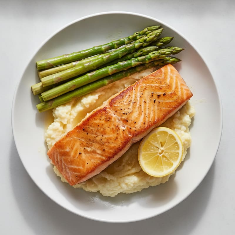Seared Salmon with Steamed Asparagus and Garlic Mashed Cauliflower