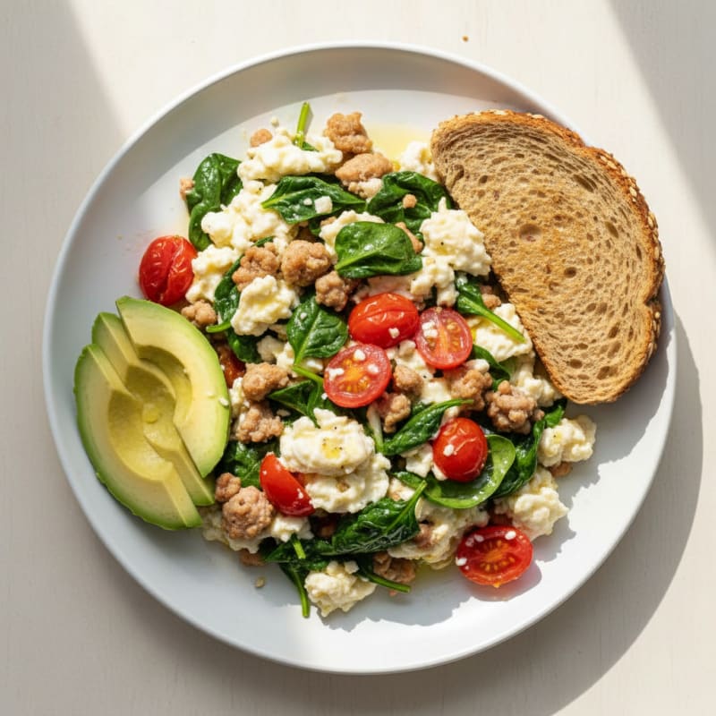 Egg White and Turkey Sausage Scramble with Spinach and Tomatoes