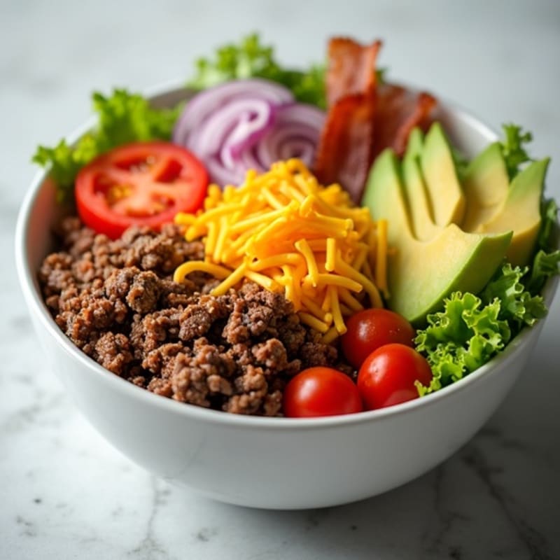 Lean Beef Cheeseburger Bowls with Crispy Bacon and Fresh Toppings