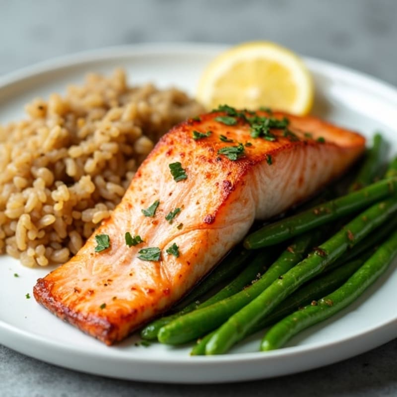 Seared Salmon with Garlic Green Beans and Brown Rice