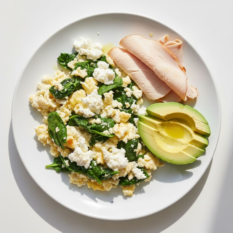 Egg White and Spinach Scramble with Cottage Cheese and Sliced Turkey