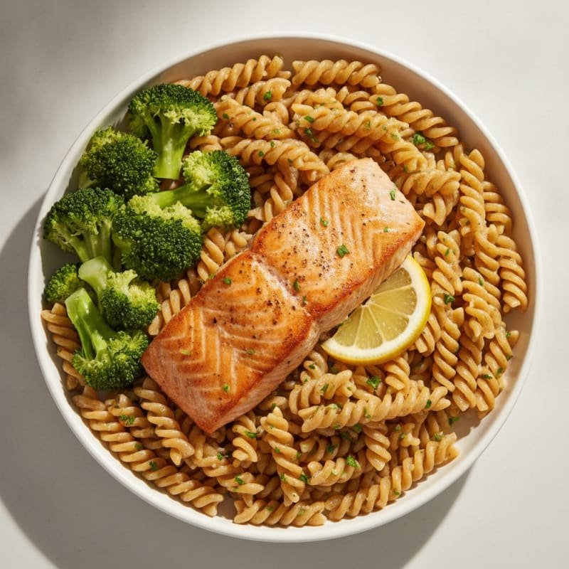 Pan-Seared Salmon with Garlic Herb Pasta and Steamed Broccoli
