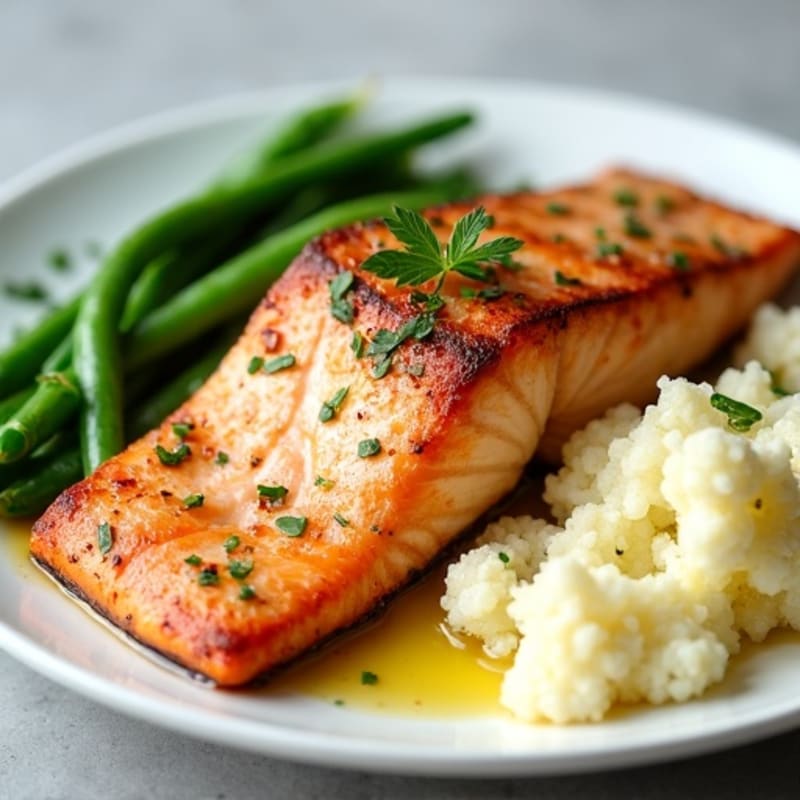 Seared Salmon with Garlic Green Beans and Mashed Cauliflower