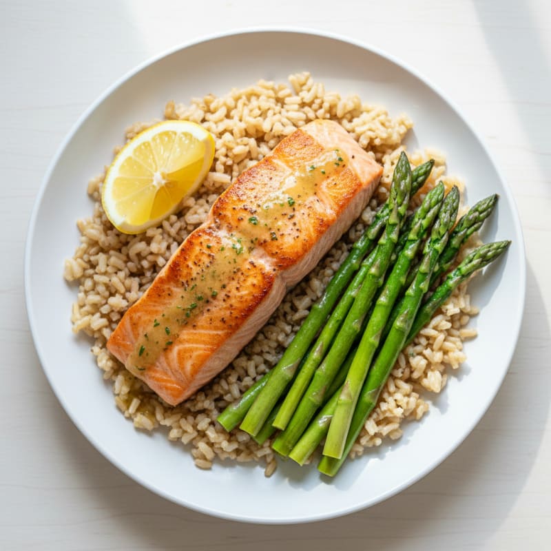 Seared Salmon with Steamed Asparagus and Brown Rice