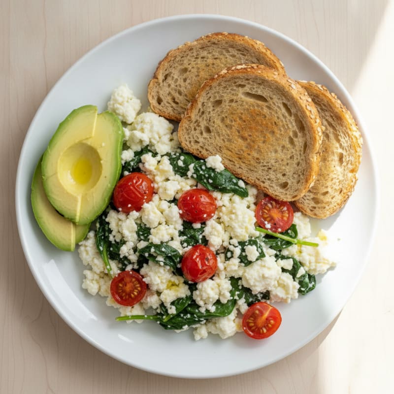 Egg White and Cottage Cheese Scramble with Spinach and Cherry Tomatoes
