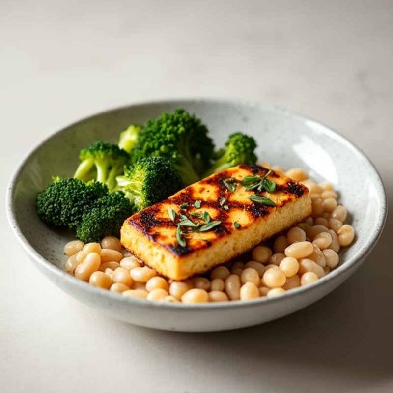 Grilled Tempeh with Roasted Broccoli and White Bean Mash