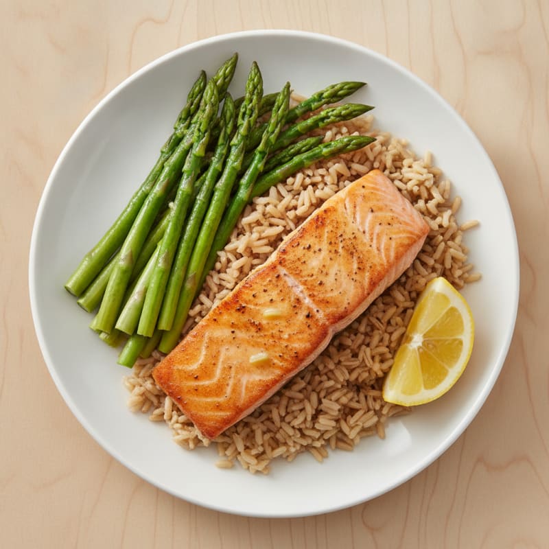 Seared Salmon with Steamed Asparagus and Brown Rice