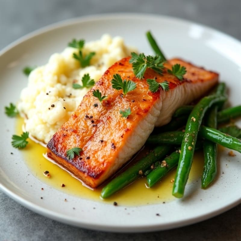 Seared Salmon with Garlic Green Beans and Cauliflower Mash