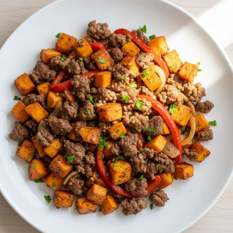 Crispy Ground Beef and Sweet Potato Hash