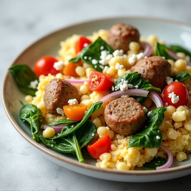 Egg White Veggie Scramble with Turkey Sausage and Sautéed Spinach