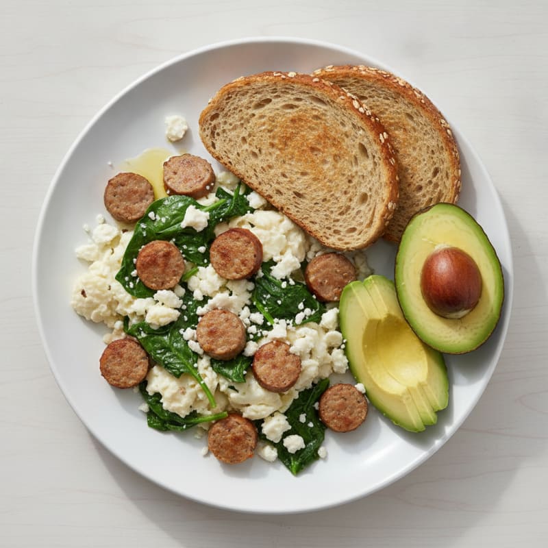Egg White and Turkey Sausage Scramble with Spinach and Feta