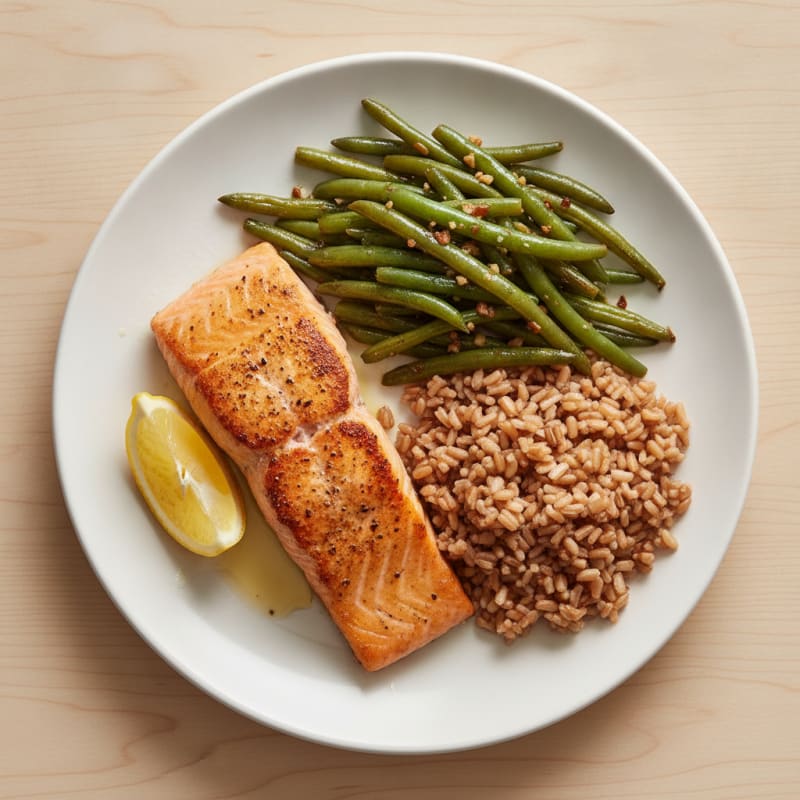 Seared Salmon with Garlic Green Beans and Brown Rice