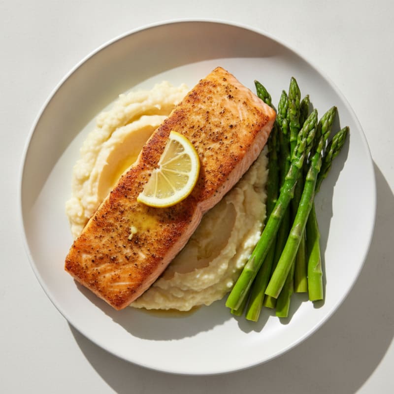 Seared Salmon with Steamed Asparagus and Cauliflower Mash