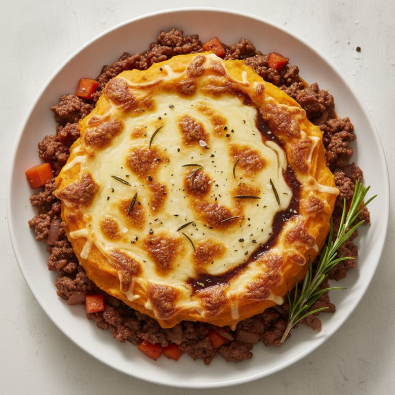 Cheesy Rosemary Beef Sweet Potato Bake