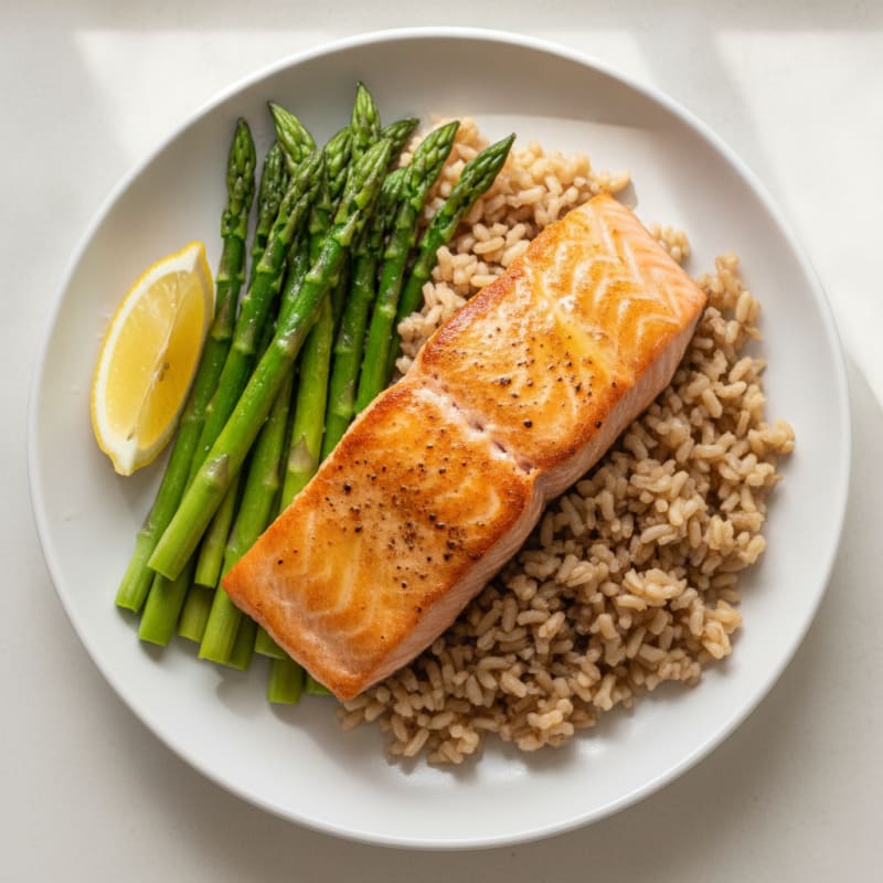Seared Salmon with Steamed Asparagus and Brown Rice