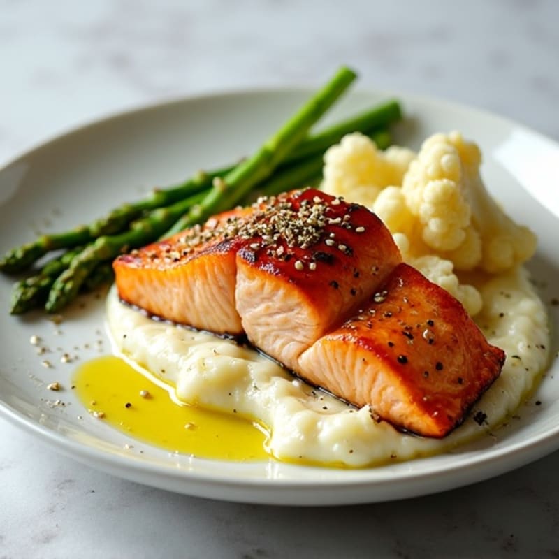 Seared Salmon Fillet with Steamed Asparagus and Garlic Cauliflower Mash