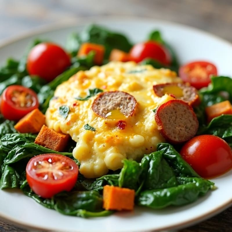 Egg White and Turkey Sausage Scramble with Spinach and Roasted Sweet Potatoes