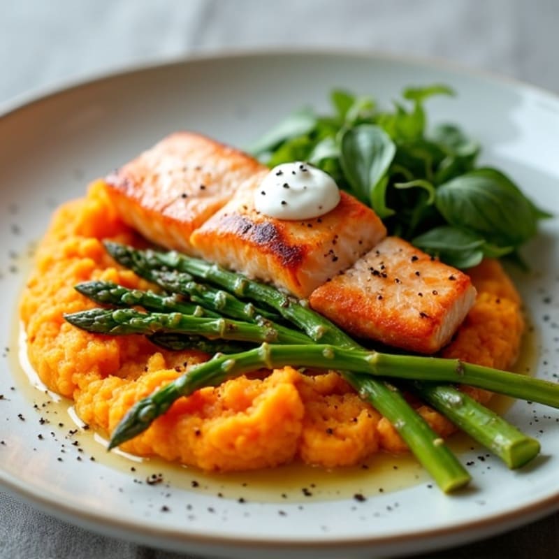 Seared Salmon with Steamed Asparagus and Sweet Potato Mash