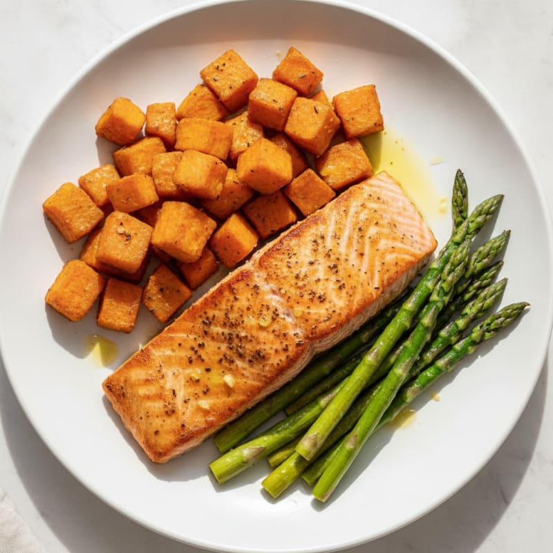 Seared Salmon Fillet with Roasted Sweet Potatoes and Asparagus