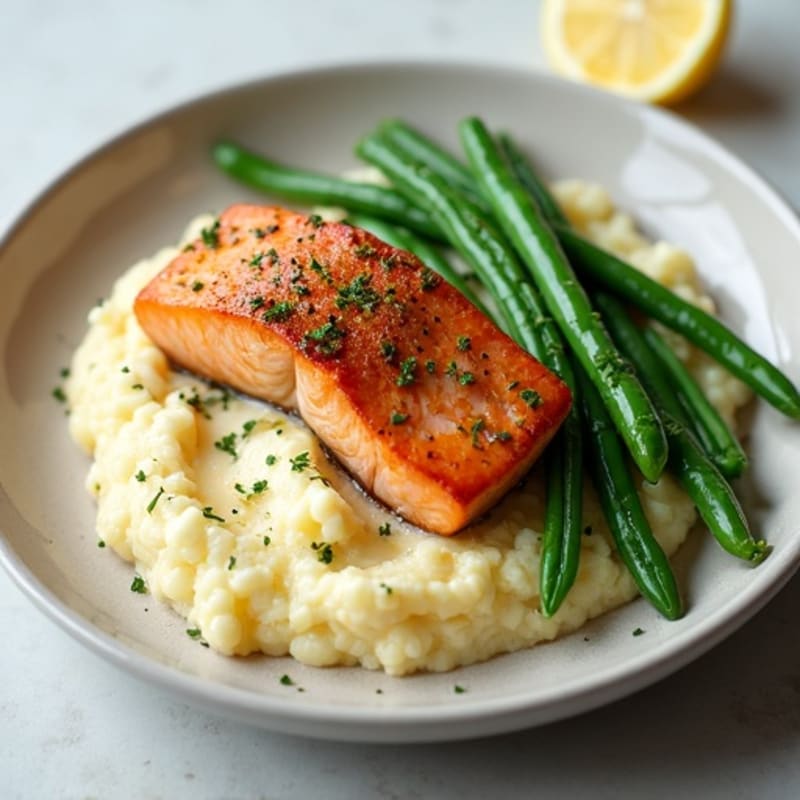 Seared Salmon with Garlic Green Beans and Cauliflower Mash