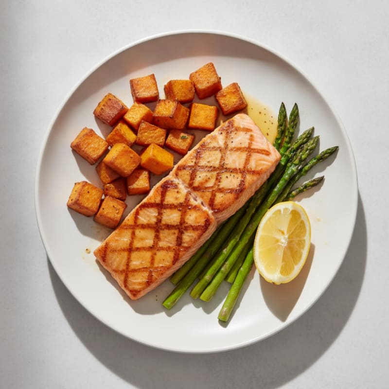Seared Salmon Fillet with Roasted Sweet Potatoes and Asparagus