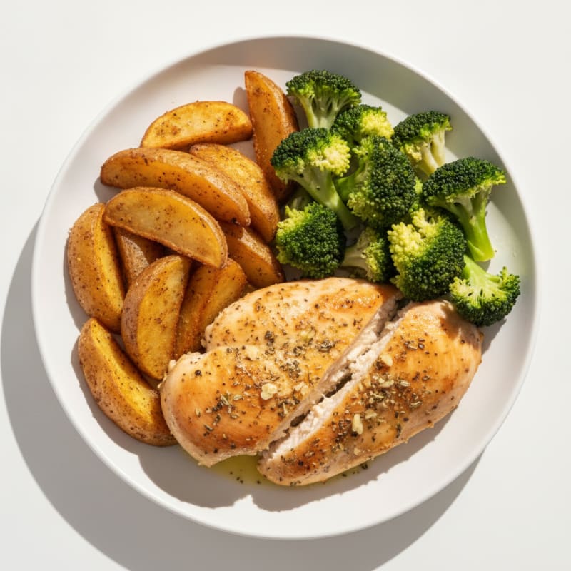 Herb-Seared Chicken Breast with Crispy Potato Wedges and Steamed Broccoli