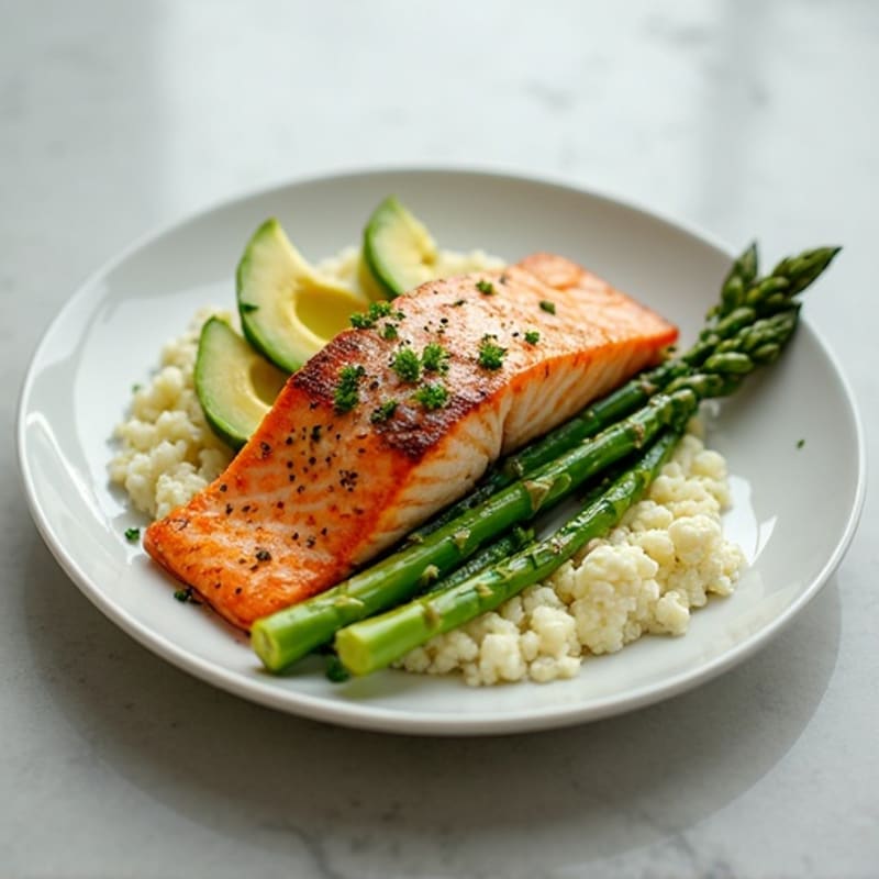 Seared Salmon with Steamed Asparagus and Garlic Cauliflower Mash